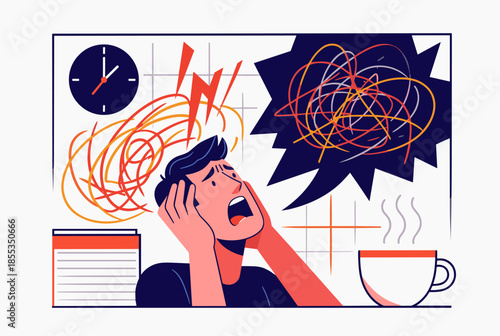 Stressed Man Overwhelmed by Tasks, Time Pressure, and Mental Chaos