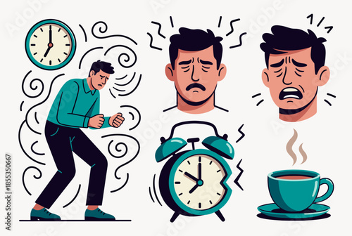 Stressed Man Rushing Against Time in Early Morning with Coffee