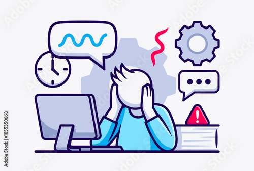Overwhelmed Person at Desk with Computer Dealing with Work Pressure