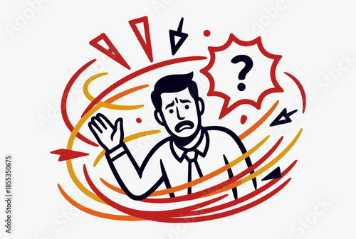 Overwhelmed Businessman Facing a Dilemma, Surrounded by Chaos