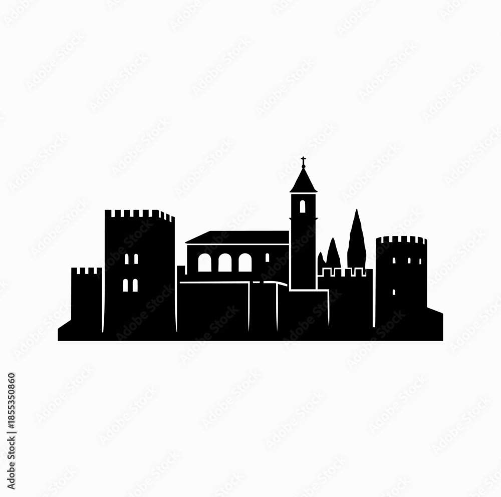 Obraz premium Alhambra Palace Silhouette – Moorish Granada Architecture Vector