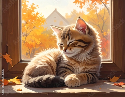 a cute cat sleeping peacefully in a window surrounded by autumn leaves