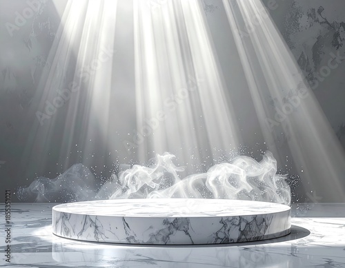 a elegant marble pedestal with steam rising from it, illuminated by rays of light