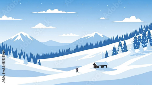 Snowy mountain landscape with person skiing towards small cabin and trees under blue sky