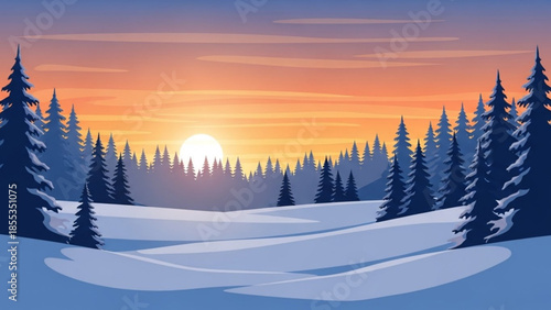 Serene winter landscape with snow covered pine trees at sunset, warm orange and purple sky