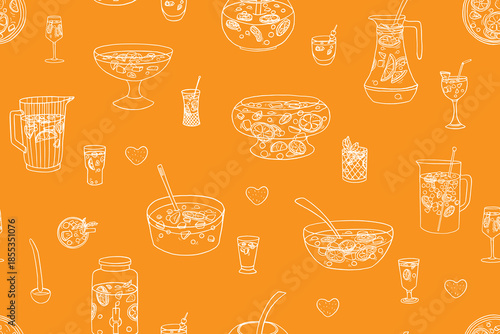 Seamless pattern of punch drink. Cocktails. Various glasses, jars and decanters with alcoholic and non-alcoholic beverages. Fruits, berry. Hand drawn. Isolated on orange background