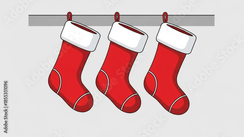Three red christmas stockings with white cuffs hang from a gray mantle indoors