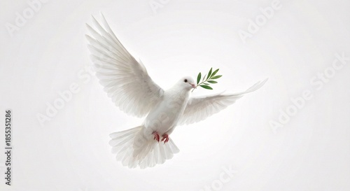 Symbolic white dove of peace with an olive branch against a clean backdrop