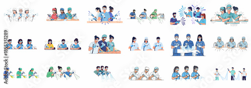 Vector Set of Medical Staff Performing Laser Procedures: Dermatologists and Surgeons with Protective Goggles Treating Skin Conditions and Removing Tattoos.