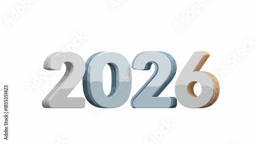 Glossy metallic 3D graphic showing the year 2026, representing future goals, new beginnings, and upcoming prosperity with a modern, clean design on an isolated white background