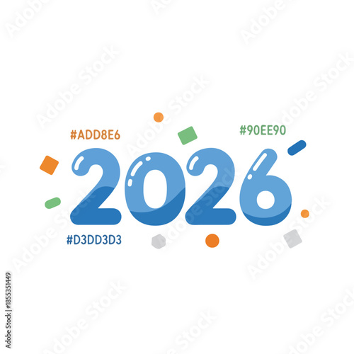 Happy New Year 2026 text design with confetti and color codes