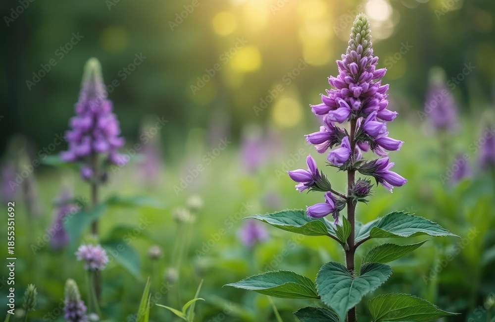 Obraz premium Purple comfrey flowers bloom in a green meadow under soft sunlight. This plant has medicinal properties and attracts bees. It is a natural, healthy, and wild herb.