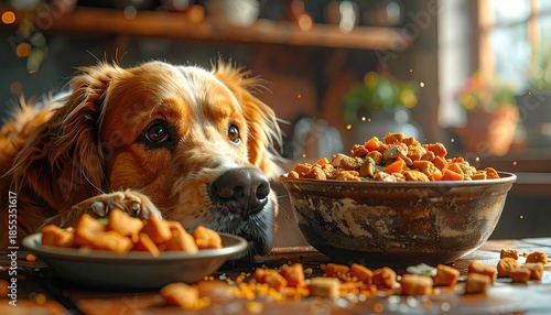 Golden retriever dog with intense gaze looks at two bowls of dry dog food on a wooden table bathed in warm natural light