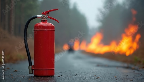 Red fire extinguisher sits on wet asphalt road with raging flames in background. Emergency equipment stands ready for action against destructive fire, chaos. Safety preparation tool combats burning
