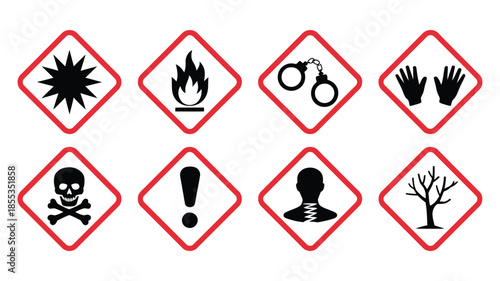 Globally harmonized system (GHS) chemical classification and labelling set, showing hazard pictograms, warning signs, safety symbols, risk alerts, industrial safety graphics, and chemical hazard 