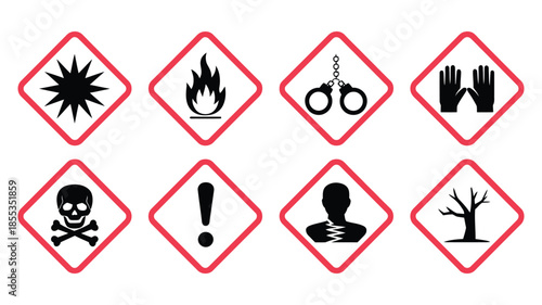 Globally harmonized system (GHS) of classification and labelling of chemicals, featuring various hazard pictograms, safety symbols, warning signs, chemical risk icons, and industrial safety 