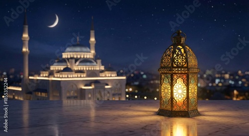 Enchanting islamic lantern light with mosque and crescent moon for ramadan festival