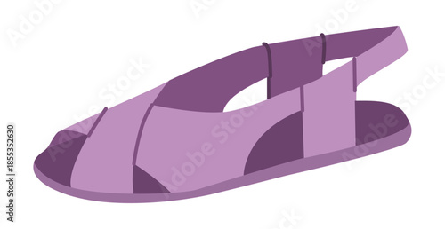 Purple fisherman sandal shoe women flat. Cage strap flat sandal for warm weather outfit playful wardrobe. Technical fashion illustration CAD mockup smooth vector man unisex isolated trendy style.