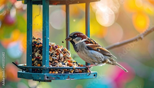 House Sparrow Eats Seed Mix From A Green Metal Bird Feeder In Soft Sunlight With Bokeh Background