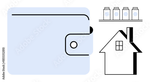 Savings, budgeting, household expenses, financial planning, personal finance, money management. A wallet, jars and a house icon concepts of saving and budgeting. Savings and budgeting