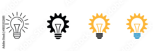 Innovation light bulb and gear icon representing creative thinking, engineering ideas, smart solutions, technology development, brainstorming, invention, business strategy, and vector design