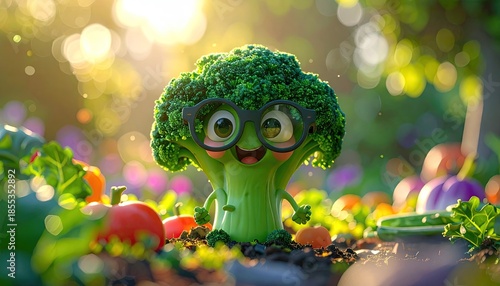Joyful Cartoon Broccoli Wearing Glasses Smiles Happily in a Sunny Garden Surrounded by Vegetables and Flowers with Soft Bokeh Background