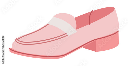 Pink tassel loafer shoe women flat. Raised vamp casual dress footwear, spring summer outfit feminine wardrobe. Technical fashion illustration CAD mockup smooth vector man unisex isolated trendy style.