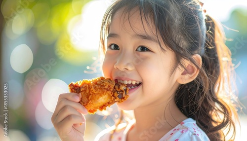 Joyful Young Girl Enjoying A Crispy Fried Chicken Leg With Golden Sunlight Backlighting Her Face Amidst Blurred Greenery