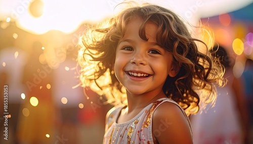 Joyful Young Girl With Curly Hair Smiling Brightly In Golden Hour Sunlight Outdoor Festival Bokeh Lights Sparkle