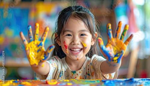 Joyful Young Girl With Colorful Paint Splattered Hands Smiling Widely Against A Blurred Art Studio Background With Vibrant Colors