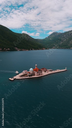 Church of Our Lady of the Rock at Perast Town in Kotor Bay in Montenegro on sunny day