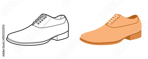 Balmoral mens beige flat plus line set. Closed lacing galosh style ankle shoe technical fashion illustration. Classic leather formal footwear CAD mockup sketch vector women unisex isolated.