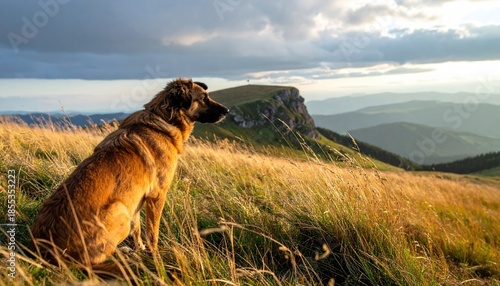Loyal Dog Sits in Golden Hour Meadow Overlooking Mountain Landscape at Sunset