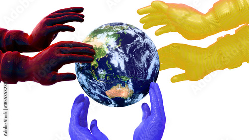 Geopolitical power struggle concept: Red, Blue, and Yellow carbon cyborg hands seizing China, Japan, and Australia - International tension and conflict concept art 3D render.