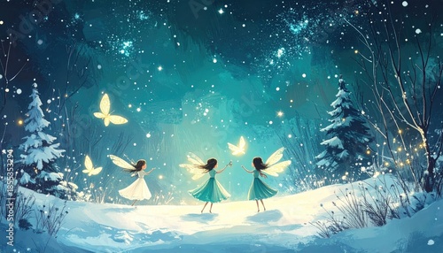 Magical Winter Night Scene With Three Fairies Dancing Amidst Snow Covered Trees And Glowing Butterflies Under A Starry Sky