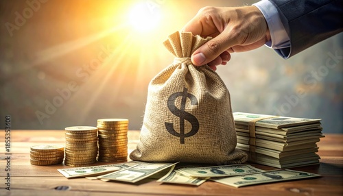 Man in Suit Holding Money Bag With Dollar Sign Near Stacks of Coins and Dollar Bills on Wooden Table Under Bright Sunlight