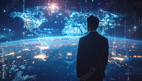 Man in Suit Standing Before Glowing Digital World Map Display Showing Global Connectivity and Data Networks With Earth Below Illuminated by City Lights