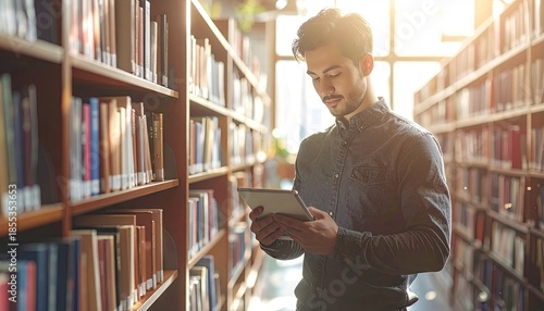 Man Looking At Tablet In A Library With Sunlight Streaming Through Bookshelves