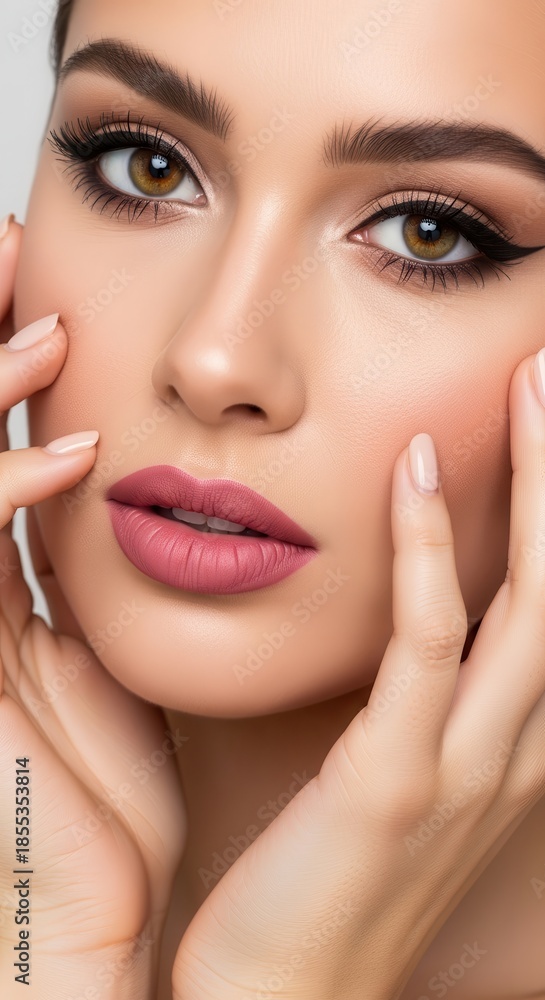 Fototapeta premium Close-up showcasing a young woman's flawlessly applied makeup and elegant beauty look