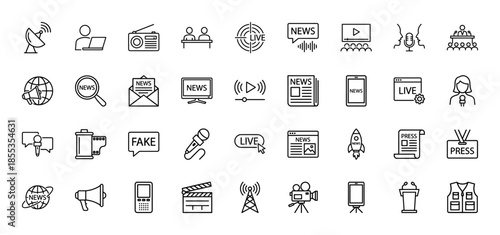 Journalism and mass media line icon set featuring vector pictograms of microphone, radio, satellite, newspaper, television, and broadcast, thin outline illustration.
