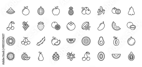 Fresh fruit line icon set. Vector pictograms of watermelon, pineapple, banana, grape, strawberry, orange, avocado, mango, and cherry, thin outline illustration.