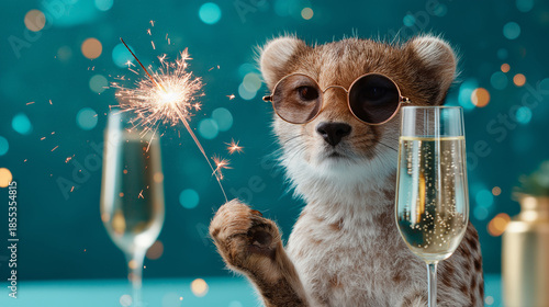New year party celebration greeting card with text, funny animal with sparkler and beverage glass, turquoise background, festive creature, celebration theme, with copy space