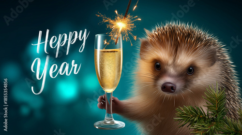 New year party celebration greeting card with text, funny animal with sparkler and beverage glass, turquoise background, festive character, celebration humor, with copy space