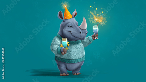 New year party celebration greeting card, funny animal with sparkler and beverage glass, turquoise background, festive character, humorous celebration, with copy space