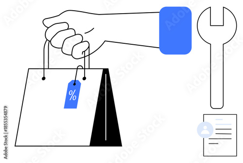 Online shopping, retail discounts, e-commerce platforms, service tools, customer support, and user profiles. A hand holding a shopping bag with discount tag, wrench and document icon. E-commerce