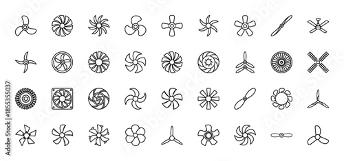 Industrial ventilation and propulsion icon set. Vector pictograms of fan, propeller, turbine, cooling blade, windmill, and airplane rotor, thin outline illustration.