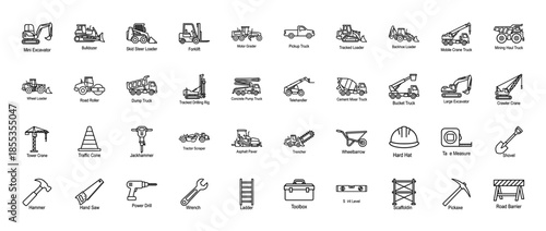 Construction and heavy machinery line icon set. Vector pictograms of excavator, bulldozer, crane, forklift, dump truck, tools, and safety gear, thin outline illustration.