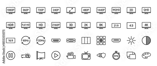 Television and monitor technology line icon set. Vector pictograms of resolution, aspect ratio, frame rate, ports, and display settings, black thin outline illustration.