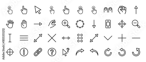 Computer cursor and interface line icon set. Vector pictograms of pointer, hand, magnifying glass, arrows, link, help, and resize symbols, thin outline illustration.