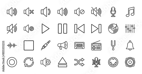 Audio and music line icon set. Vector pictograms of speaker, microphone, play, pause, cassette, radio, tuning fork, headphones, and bell, thin outline illustration.